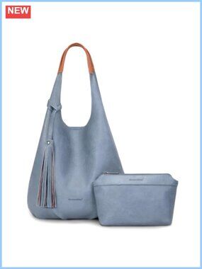 Slouchy Hobo Shoulder Bag 2 Piece Set Faux Leather Tassel Handbag with Cosmetic